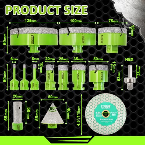 Tile Hole Saw Kit Diamond - (6/6/8/20/25/35/50/75/100/125mm Drill Bits+Finger Bit+Chamfer Bit+Adapter+Tile Blade) Diamond Hole Saw Kit for Porcelain Ceramic,5/8"-11 Thread - size: Kit3