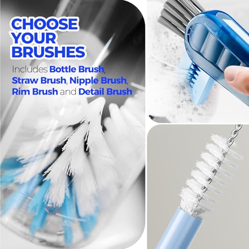 Holikme 6 Pack Bottle Brush Set, 14" Long Handle Stainless Steel Bottle Cleaner Brush, 3 Straw Brushes, 4-in-1 Bottle Cleaning Brush for Water Bottle, Baby Bottle, Blue&White - color: Blue&white, size: 6Pack