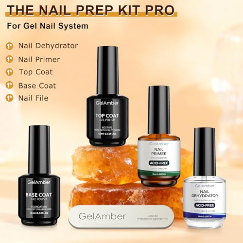 GELAMBER Nail Primer and Dehydrator with Gel Base and Top Coat & Nail File - color: 4Pcs B&T&P&D