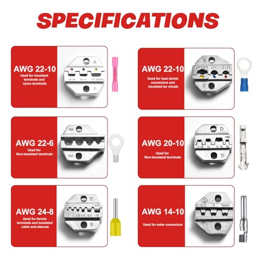 6Pcs Crimping Tool, Ratchet Wire Crimping Tool Set, for Heat Shrink, Insulated Nylon, Ferrule Wire End, Non-Insulated, Open Barrel Terminals, Solar Connectors, with Storage Box