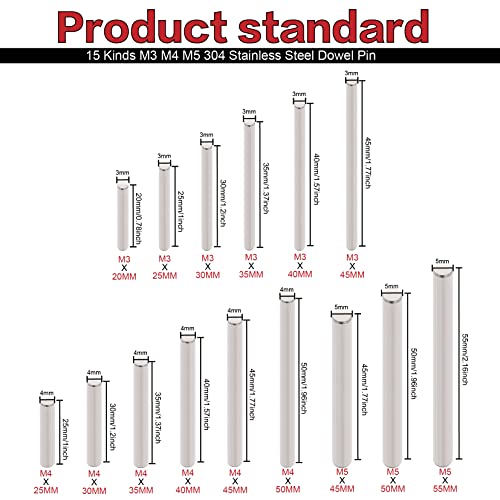150Pcs 304 Stainless Steel Dowel Pin Assortment Kit M3 M4 M5 with Box - size: M3/M4/M5