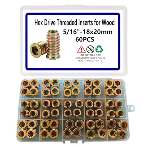 60pcs Threaded Inserts for Wood, 5/16"-18x20mm Screw in Nut Fasteners - size: 5/16"-18 x 20mm