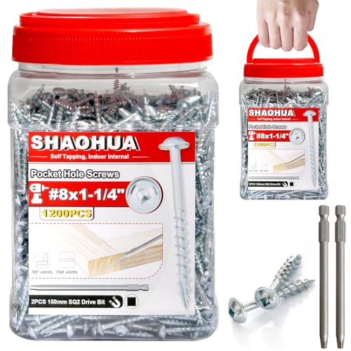 1200 Pcs #8 1-1/4" Pocket Hole Screws, Coarse Thread for Furniture, Cabinets, Compatible with Kreg Jig, Zinc Plated Pocket Screws for Indoor Use, Portable Handheld Box w/ SQ2 Square Drive Bit - size: A. #8 1-1/4"