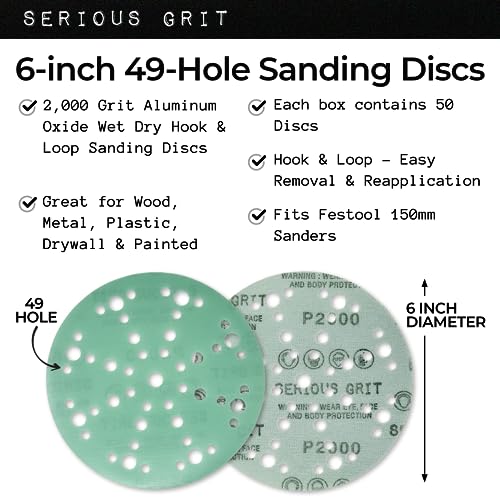 Serious Grit - 6-Inch 49-Hole P2000 Grit Sanding Discs - 50 Pack Box - size: 2000 Grit