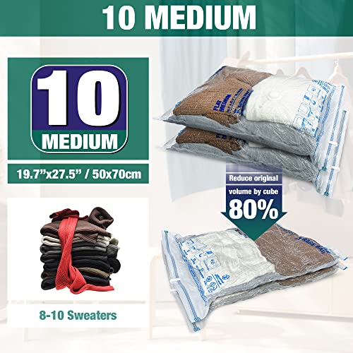Vacuum Storage Bags, 10 Medium Space Saver Vacuum Seal Bags, Space Bags, Vacuum Sealer Bags for Clothes with Travel Hand Pump (10M) - size: 10-Medium