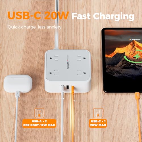 TESSAN Surge Protector Power Strip with 900J Surge Protection, 5 Ft, Grey - color: Grey with 20W PD, size: 5 feet