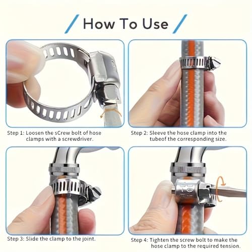 50-Piece Stainless Steel Hose Clamp Assortment Kit, T-Bolt Worm Gear Clamps, 1/4" to 1-1/8" Inch Size Range, for Fuel Oil Air Water Lines, Silver