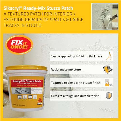 SIKA Sikacryl Stucco Repair, White, 1-Qt, Ready-Mix Stucco Patch for Large Cracks and Spalls, Acrylic-Based, Interior/Exterior, Textured, Moisture-Resistant