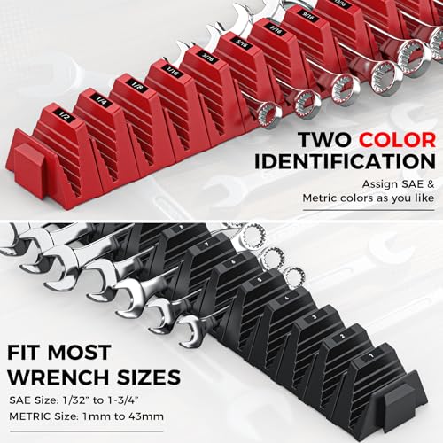 PINOZE 48PCS Magnetic Modular Wrench Organizers for Tool Drawers - Black & Red - Wrench Rack with Metric & SAE Labels, Customizable Magnet Tool Storage Holder for Tool Box Organization