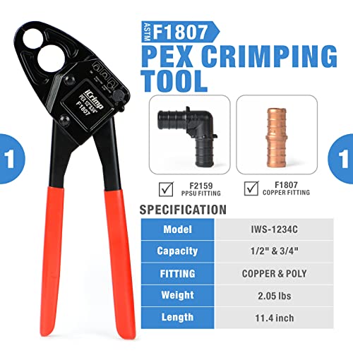 IWISS Angle PEX Crimping Tools Combo Kits for 1/2" & 3/4" Pex Crimp Rings with Go/No-Go Gauge with PEX Pipe Cutter Suits for All US F1807 Standards Copper Rings
