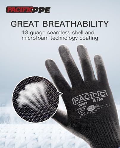 PACIFIC PPE PU Coated Grip Work Gloves, Touchscreen, Seamless Knit, Medium - color: Black (18 Pairs), size: Medium(Fits like S)