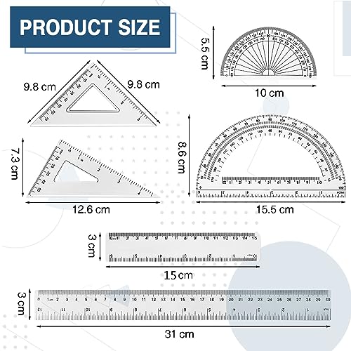 Tenare 6 Pcs Math Geometry Ruler Set, Protractor Triangle School,Clear - color: Clear
