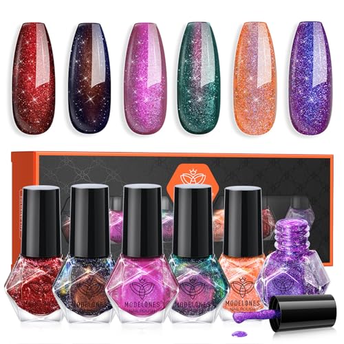 modelones Nail Polish Set, 6 Colors Red Green Purple Glitter Nail Lacquer - color: A3 Shimmer Night