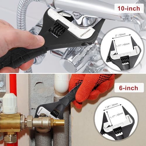 MAXPOWER Slim Adjustable Wrench Set, 6" & 10" Wide Jaw Opening, Dual Scale With Metric and SAE Plumbing Wrenches, Deep Jaw With Soft Grip Handle - size: 6" 10"