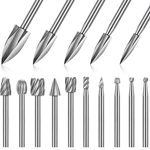 Honoson 15 Pieces Wood Carving and Engraving Drill Bit Set, Including Engraving Drill Accessories Bit and HSS Carbide Wood Milling Burrs for DIY Crafts Supplies
