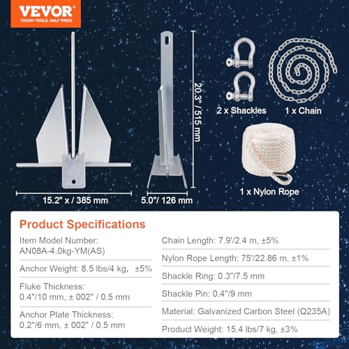 VEVOR Fluke Style Anchor Kit,Hot-Dipped Galvanized Steel Fluke Anchor with 7.9' Chain - size: 8.5 lbs