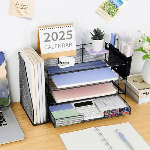 OPNICE Desk Organizer, 4-Tier Desktop File Organizer with Drawer and Pen Holders, Office Desk Accessories, File Sorters, Workspace Organizers for Office Supplies(Black 2-Pack) - color: Black 2-Pack, size: 4T