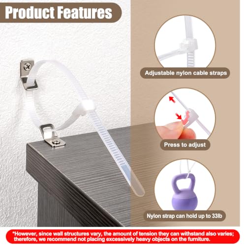 12 Pack Furniture Anchors for Baby Proofing, Furniture Wall Straps - color: White Nylon Straps - 12 Pack