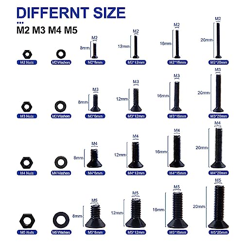 NINDEJIN Hex Socket Flat Head Screw M2 M3 M4 M5 Bolts Nuts and Washer Assortment Kit, 1060 PCS Metric Screws with 4 PCS Allen Wrenches, Small Black Machine Screws Set, 12.9 Carbon Steel - size: 1060 Hex Flat Head Socket Screws Nuts