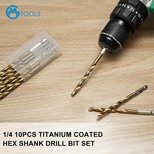 GMTOOLS 10 Pcs 1/4" Titanium Coated Twist Hex Shank Drill Bit Set, 135 Degree Tip HSS Impact Drill Bit Set with Storage Case for Metal, Aluminum, Steel, Wood, Plastic, Quick Change Design - style: 1/4"-10PCS