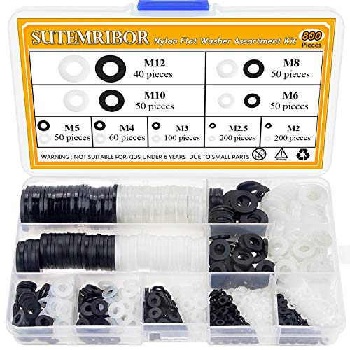 Nylon Flat Washer Assortment Set 800 Pieces, 9 Sizes - M2 M2.5 M3 M4 M5 M6 M8 M10 M12, (Black+White)(Not Rubber Washers)