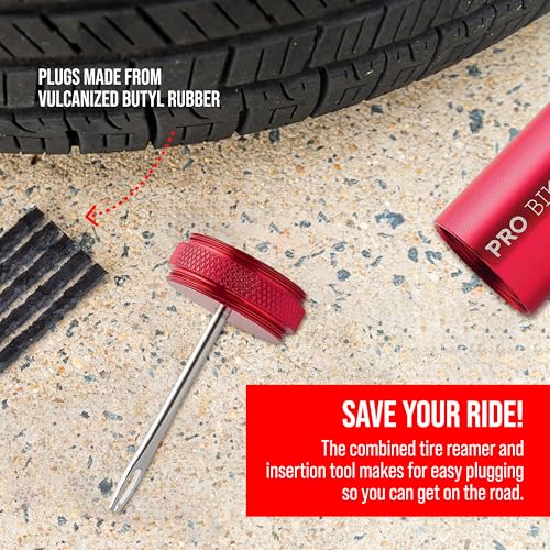 PRO Bike Tool Tubeless Bike Tyre Repair Kit – for MTB and Road Bicycle Tyres – Fix a Puncture or Flat, Fast – Tackle Set Includes Storage Canister, Plugger Tool and Plugs - color: Red