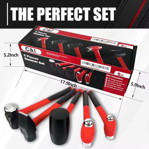 C&T 5-Piece Hammer Set, 16oz Ball Peen Hammer | 32oz Ball Peen Hammer | 32oz Rubber Mallet | 3lb Sledge Hammer | 3lb Cross Peen, Fiberglass Handle & Mallet Set - style: 5pc