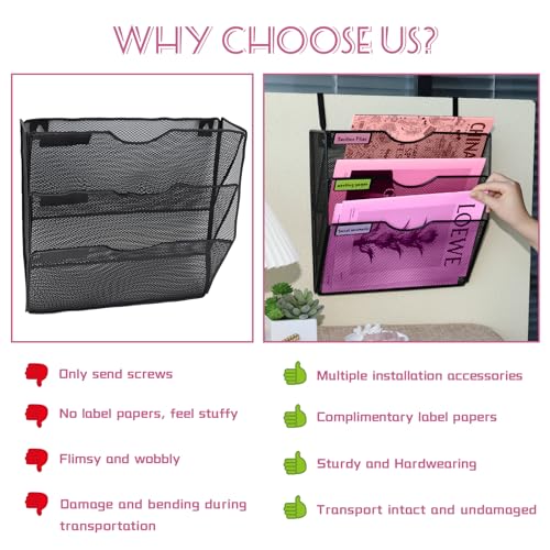 3 Pockets Mesh Wall File Holder Organizer Office Hanging File Folder Magazine Rack, Nametag Label Hooks Set Included (Black)