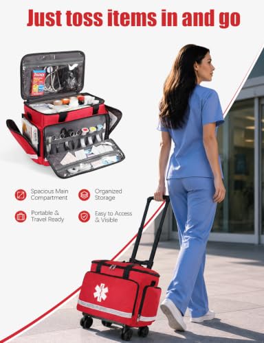 Medical Bag Rolling Roller Bag Trolley Duffel Nurses EMT CNA RN Empty for First Aid Responder Home Health Care Nursing Student Roll Duffle Bag Carry on Wheels Wheeled Work Physicians Doctor - color: Red