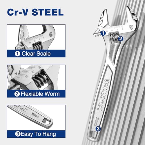 WORKPRO 10" Large Jaw Adjustable Wrench, Cr-V Steel, Chrome Finish - color: Silver, size: 10 inch