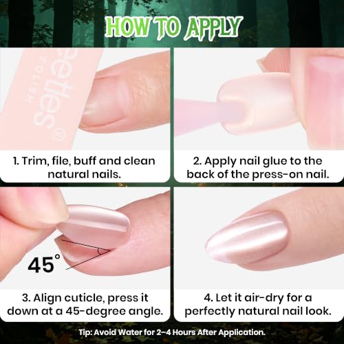 Beetles Halloween Press On Nails, Green Cat Eye Short Almond, 32 Pieces - color: 3B - Midnight Moss - S
