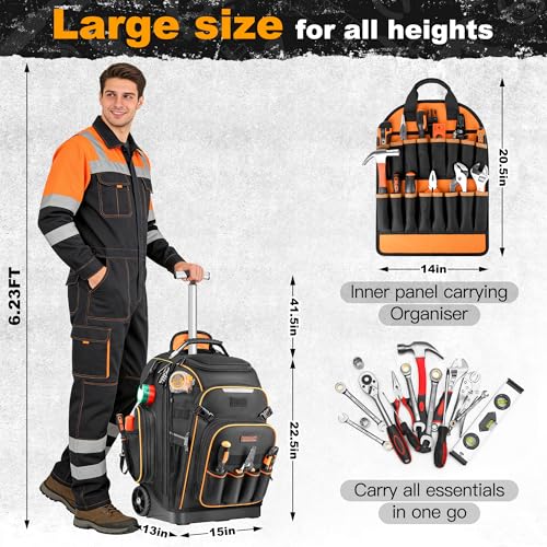Tool Backpack, HVAC Tool Bag with Molded Base, Full Opening Electrician Tool Backpack for Men Heavy Duty, Tools Organizer Bags for Jobsite Work Handyman, Large Pockets & Combination Lock
