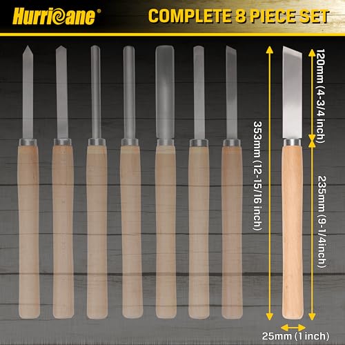 HURRICANE 8pc Wood Lathe Turning Tool Set, Wood Turning Chisel Set for Woodworking. 2 Skew 1 Spear Point 1 Parting 1 Round Nose & 3 Gouge Tools with 1 Canvas Bag Packaging