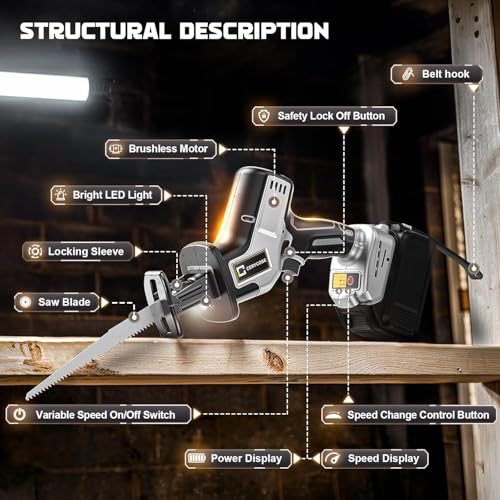 Cerycose Cordless Reciprocating Saw Compatible with DeWalt 20V Battery, Brushless motor, Variable Speed 0-3000 Spm, Tool Free Blade Change, 4 Saw Blades for Wood/Metal/PVC Cuts (Tool Only) - style: One-handed for dewalt battery