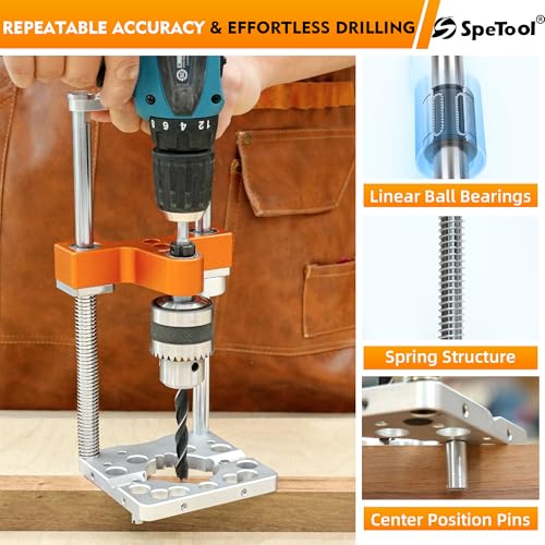 SpeTool Portable Drill Guide with Liner Ball Bearings, 0.004" High Precision Drill Guide for Straight Holes, All-Aluminum Base, Spring-Assisted Portable Drill Press for Woodworking & DIY, S04003