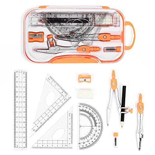 Unjoo Geometry Set 10 Pcs Student Supplies, Protractor and Compass (Orange） - color: Orange