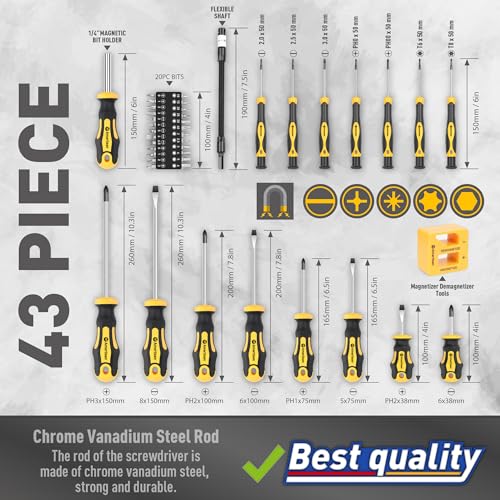 Magnetic Screwdrivers Set with Case, Amartisan 43-piece Includs Slotted, Phillips, Hex, Pozidriv,Torx and Precision Screwdriver Set, Magnetizer Demagnetizer Tools, Tools for Men - style: 43-piece Screwdrivers Set