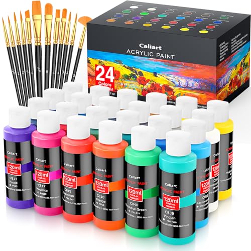Caliart 24 Colors Acrylic Paint Set Large Bottles 4oz with 12 Brushes - color: Regular, size: 4 Fl Oz (Pack of 24)