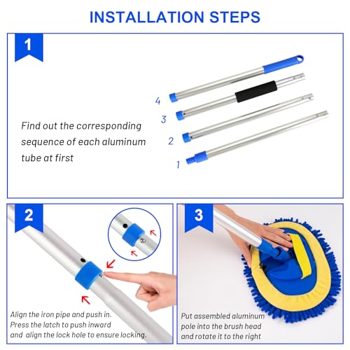 Ordenado 62" Car Wash Brush Kit Mitt Mop Sponge with Long Handle Chenille Microfiber Car Cleaning Brush Kit Supplies Car Washing Mop Kit Car Care Kit of Scratch-Free Replacement Head for Car RV Truck - color: B-blue