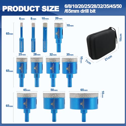 Tile Hole Saw Kit Diamond- BRSCHNITT 11pcs Diamond Core Drill Bit for Porcelain Tile Ceramic Marble Granite Drilling Triangle Shank - size: 6/8/10/20/25/28/32/35/45/50/65D