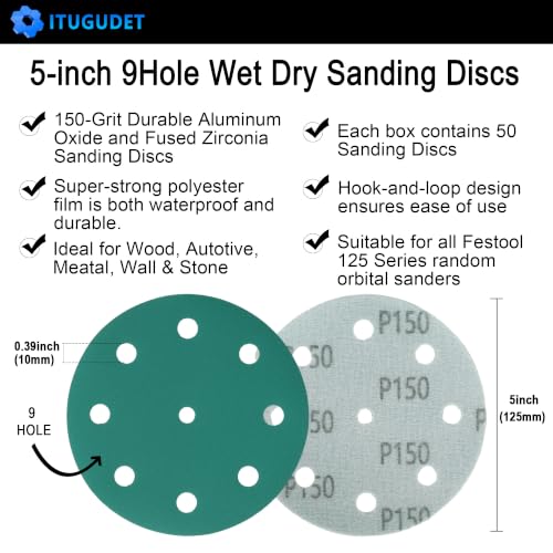 5 Inch 9 Hole Wet Dry P150 Grit Sanding Discs - 50 Pack Box - size: 150 Grit