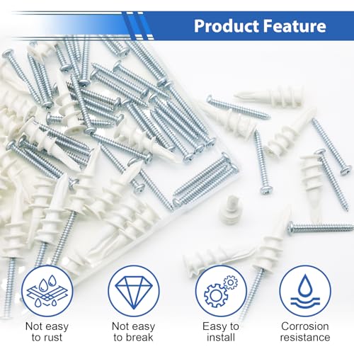 smseace 103Pcs Self Drilling Drywall Anchors with Screws Kit, 51Pcs #8-1-1/2” Self-Tapping Screw, 51Pcs Drywall Anchor, 1Pcs Drill bit Holds Upto 75lbs - color: White