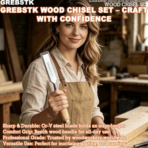 GREBSTK 4 Piece Wood Chisel Set CR-V Steel Sharp Bevel Edge for Woodworking