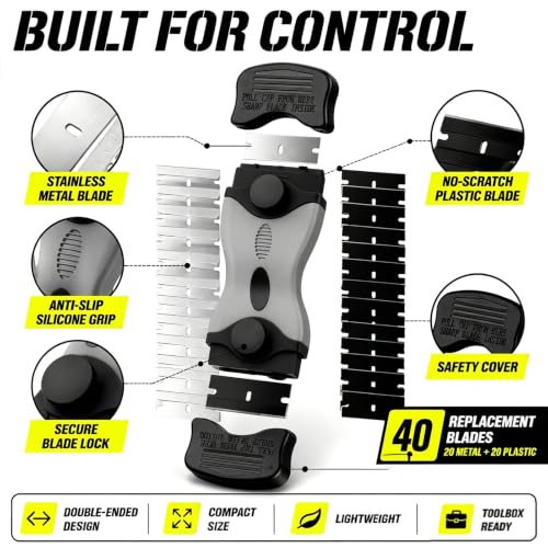 2 Pack Razor Scrapers + 40Pcs Extra Blades,Razor Blade Scraper Tool Kit