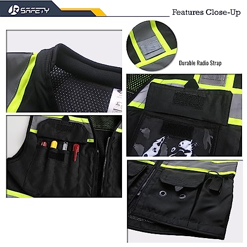 JKSafety Hi-Vis Unisex Surveyor Safety Vest Heavy Duty PPE Inner Pockets ANSI/ISEA Compliant - color: 188-black, size: Large