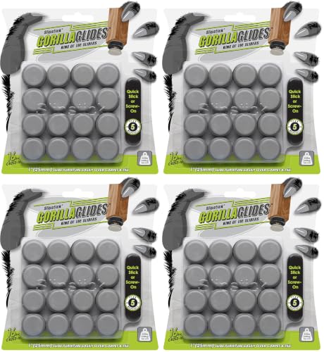 GorillaGlides 1 Inch Chair Sliders/Furniture Floor Protectors (16 Furniture Glides) Self-Adhesive Screw On Chair Glides for Sliding on Low-Pile Carpet & Hard Surface Floors, Round (Pack of 4) - size: 1 Inch Furniture - 64 Pack