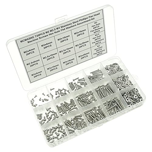 720PCS M2 M2.5 M3 Stainless Steel Phillips Pan Head Machine Screws Nuts Flat Washers Assortment Kit - size: M2, M2.5, M3