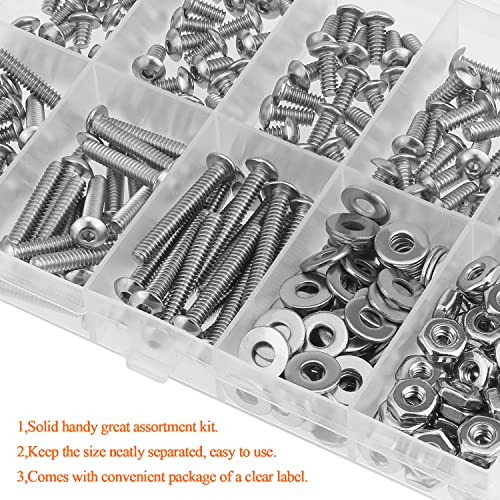 HELIFOUNER 250 Pieces #6-32 x 3/16" 1/4" 5/16" 3/8" 1/2" 5/8" 3/4" 1", Button Head Socket Cap Screws Bolts Washers Nuts Kit, Coarse Thread, Fully Machine Threaded, 304 Stainless Steel - size: #6-32, style: Button Head