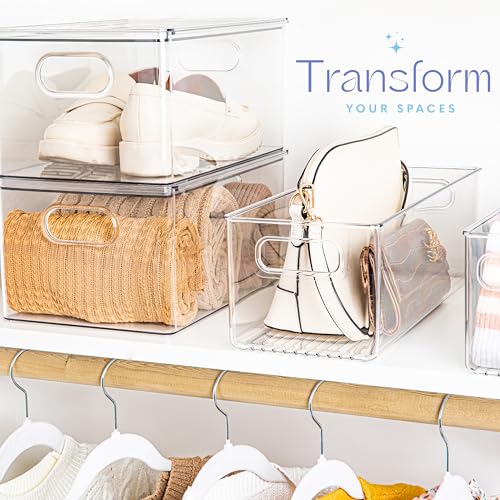 Plastic Food Storage 6 Pack Clear Container Bin with Handles for Organizing Kitchen, Pantry, Refrigerator, Freezer, Pantry, Cabinet, Closet, Bathroom. 16”x6”x5” - size: 16x6x5
