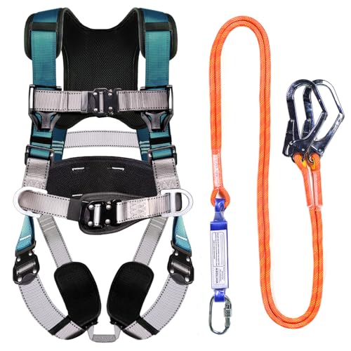 Fall Protection Premium Safety Harness with Shock Absorbing Lanyard, Vented & Padded Shoulder, Legs & Back - Upgrade 4 Quick Buckles (Dark Green) - color: Dark Green